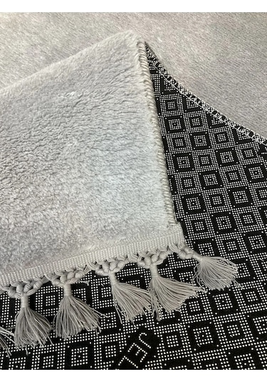 Puffy Gri Oval Örgü Saçaklı Peluş Yumuşacık Yıkanabilir Kaymaz Taban Halı Salon Oturma Odası Gri