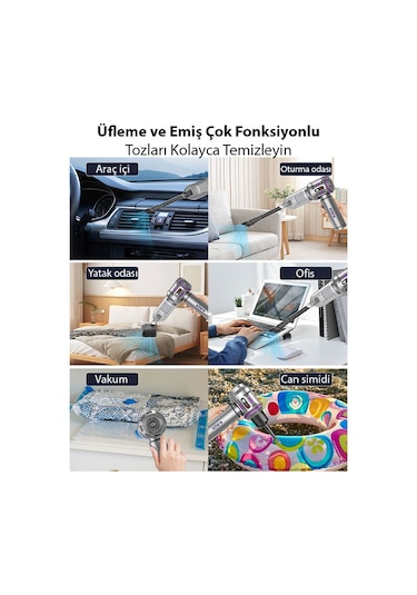 Ezere 16000pa Güçlü Dijital Göstergeli Vakumlu Kablosuz Üflemeli Mini Araç Süpürgesi Gümüş