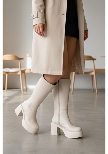 Ventes Kalın Taban Topuklu Fermuarlı Diz Altı Sade Klasik Kadın Çizme 914303-z TEN CİLT