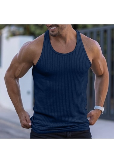Novahub Lacivert Su Erkek Düz Renk Sıkma İlkbahar/yaz Örgü Dikey Şerit Vücut Geliştirme Fitness Yelek Erkek I-line Yelek - M Lacivert