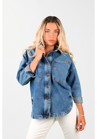 Oversize Kadın Jean Ceket Mavi