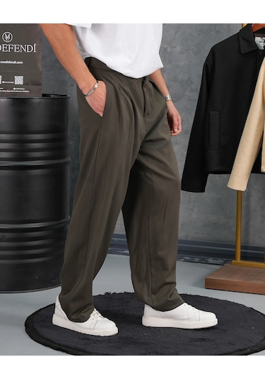 Modefendi Baggy Kalıp Pile Detaylı Kumaş Pantolon Haki