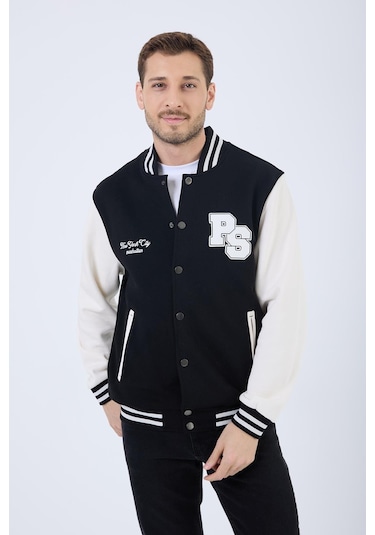 Erkek 3 İplik Pamuklu İçi Polarlı Regular Fit Nakışlı Siyah Kolej Ceket Siyah