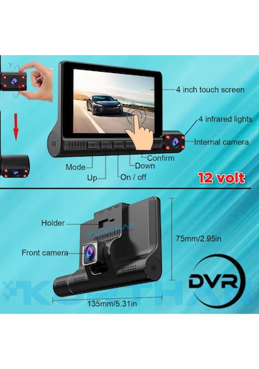 4inç Dokunmatik 3 Kameralı Araç İçi Dvr 128 Gb 12 Volt