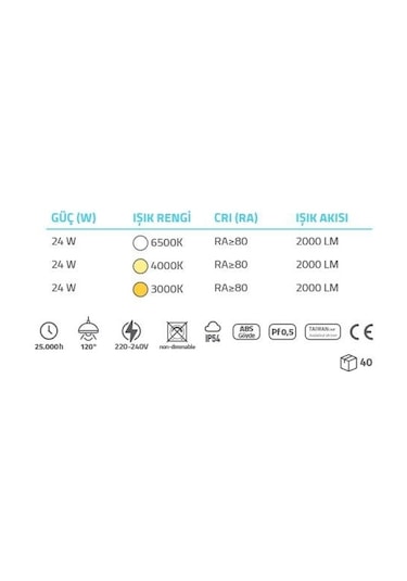 Econa 24w Günışığı Sıva Ustu Tavan Armatürü - Siyah Kasa - Günışığı Işık - Ecn-1950 Gün Işığı