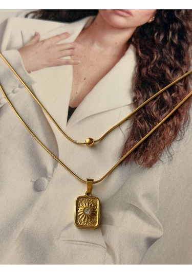 60 Cm Tek Taşlı Kare Güneş Paslanmaz Çelik Kararmaz Kadın Kolye Altın