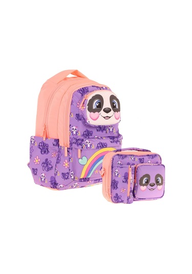Kaukko Kız Çocuk 3d Panda Şekilli Mor Somon Okul Sırt Çantası Ve Isı Yalıtımlı Beslenme Çantası Seti Mor