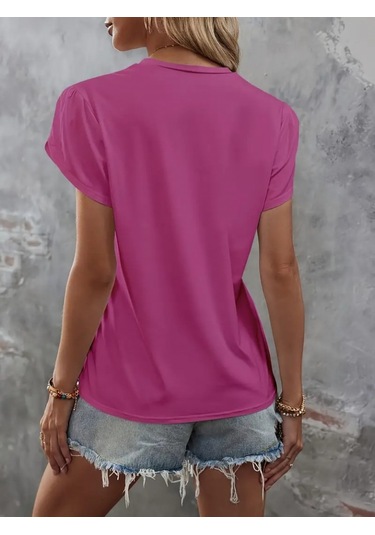 Kadın Kısa Kollu Bisiklet Yaka Cep Pul Payet Detay Viskon Bluz Pembe