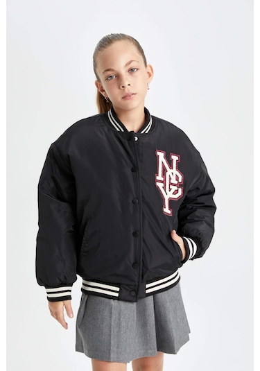 DeFacto Kız Çocuk Su İtici Kolej Yaka Çıtçıtlı Cepli Bomber Mont C5408A824AUBK27 Siyah