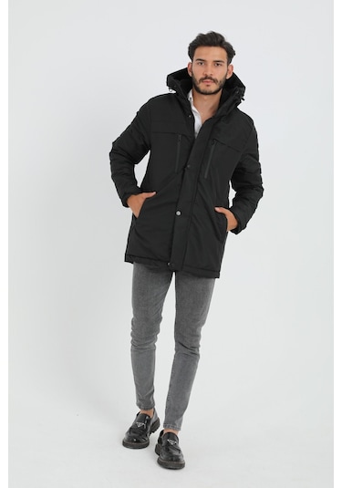 Erkek Siyah Içi Polarlı Su Ve Rüzgar Geçirmez Kapüşonlu Kışlık Mont & Kaban & Parka Siyah