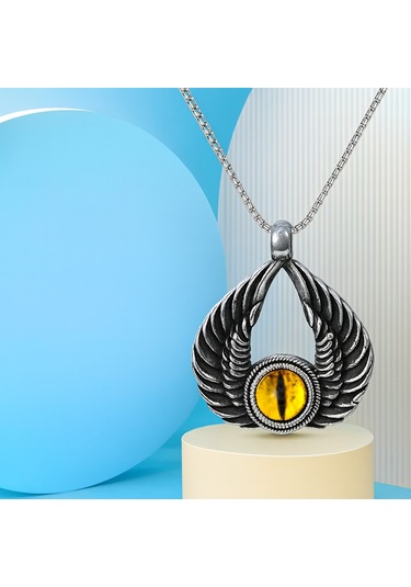 Dragon Eye Modeli Kanat Tasarımlı Sarı Göz Kolyeli Antik Çelik Erkek Kadın Kolye Gri - Sarı