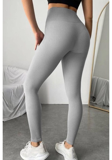 Madmext Boyalı Gri Yüksek Bel Kadın Fitilli Tayt Mg1625 Boyalı Gri