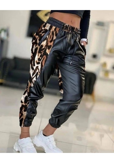Bel Ve Paça Lastikli Detay Yanları Leopar Bağcıklı Deri Pantolon Siyah