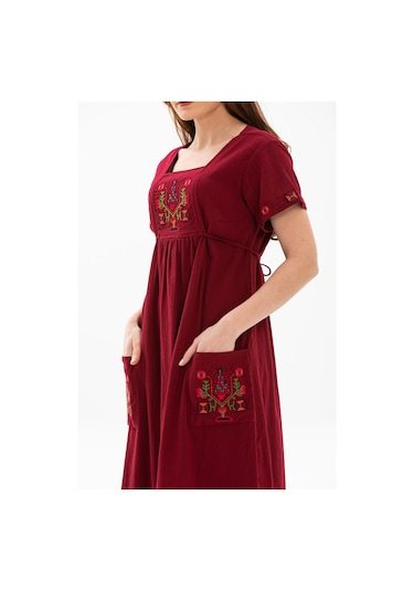 Kısa Kol Şile Bezi Melek Midi Boy Elbise Bordo Brd