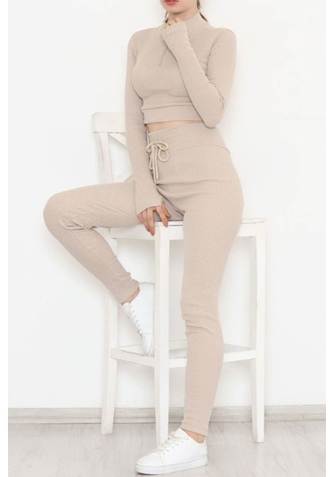 Mokashopin - Fermuarlı Crop Takım Bej - 12130.1748. 001
