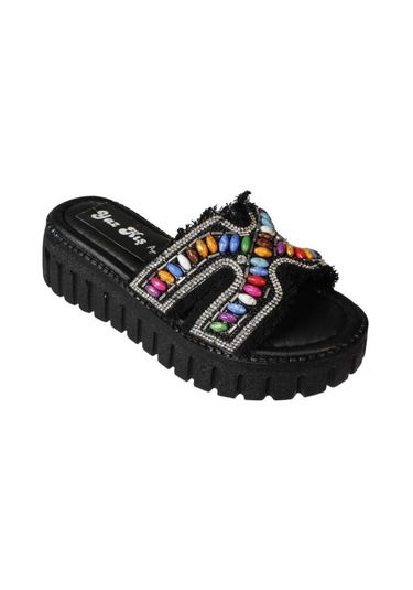 Yazkış Kadın Siyah Ten Üzeri Püsküllü Renkli Boncuklu 5cm Rahat Taban Terlik Siyah