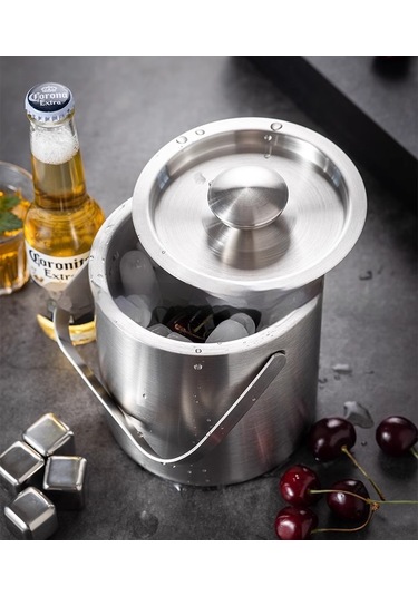 Paslanmaz Çelik Buz Kovası Şampanya Kovası Kırmızı Şarap Soğuk Bira Buz Kovası Ktv Bar Isı Isı Buz Kovası Buz Kovası Buz Kovası Çift Katmanlı Kapaklı 1.3l Çelik