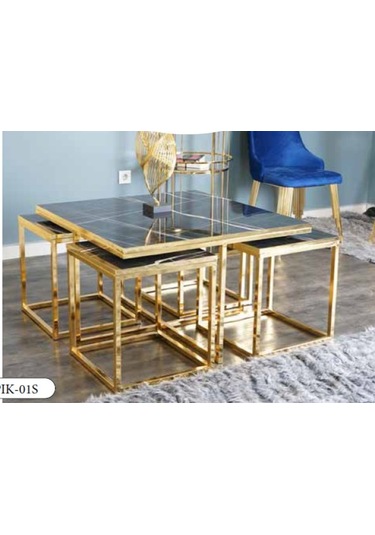 Mim Siyah Mermer - Gold Kare 4+1 Pizza Orta Sehpa Siyah Mermer - Gold