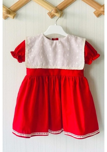Dantel Detaylı Fisto Yaka Kırmızı Kız Çocuk Bebek Elbise 001