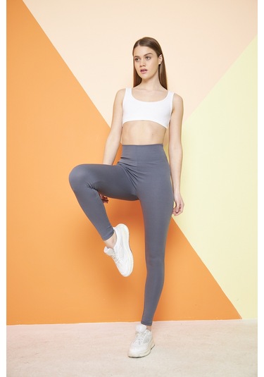 Haki Yüksek Bel Fitilli Toparlayıcı İnterlok Örme Şardonlu Spor Kışlık Tayt Antrasit