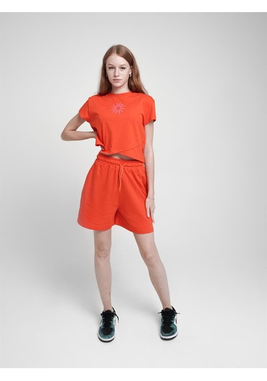 Kız Çocuk Güneş Baskılı Kısa Tshirt-12690 Turuncu