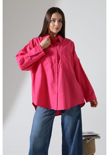Yeni Sezon Poplin Kumaş Çift Cepli Oversize Pamuklu Kadın Tunik Gömlek Fuşya