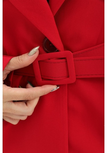 Düşük Omuz Kemerli Atlas Kumaş Blazer Ceket - Kırmızı-kırmızı Kırmızı