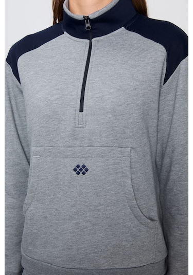 Tommy Life Gri Melanj Kompakt Pamuklu Kalın Pürüzsüz Dokulu Dik Yaka Oversize Fit Kadın Eşofman Takım - 95342 GRİ MELANJ