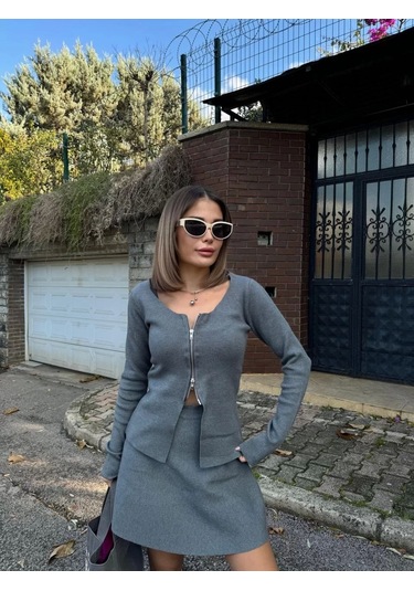 İkili Fermuarlı Hırkalı Etekli Takım - Füme Füme