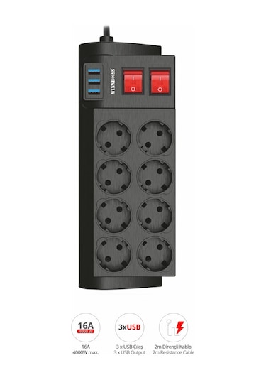 Winnboss Termal Akım Korumalı Usb 2.1a Şarj Çıkışlı 16a 4000w 8 Li Uzatma Grup Priz 3411 2 M