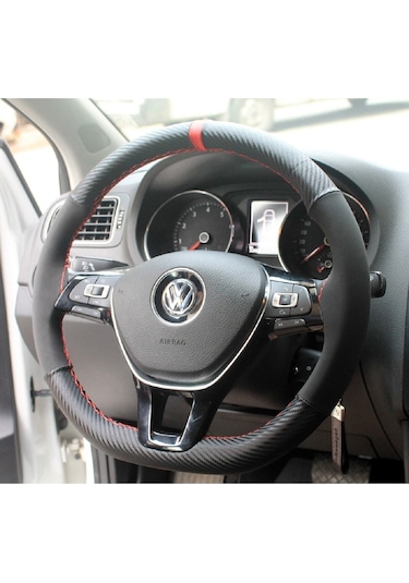 Volkswagen Golf 7 Dikmeli Direksiyon Kılıfı Carbon Desenli Alkantra Kımızı yüzük