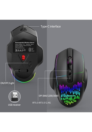 Novahub Kablosuz Şarjlı 3 Modlu Fare - Bt5.0/3.0/2.4g, Dpı 800/1200/1600, Sessiz Tuşlar, Nefes Işığı 001