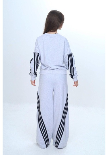 Kız Çocuk %100 Pamuk Şeritli Oversize 2 İplik Alt&üst Eşofman Takımı-305-eşt-0009 Gri
