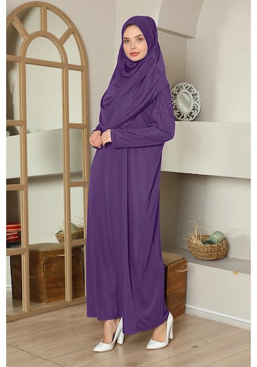 Tek Parça Namaz Elbisesi Mor-20997 Gül Kurusu