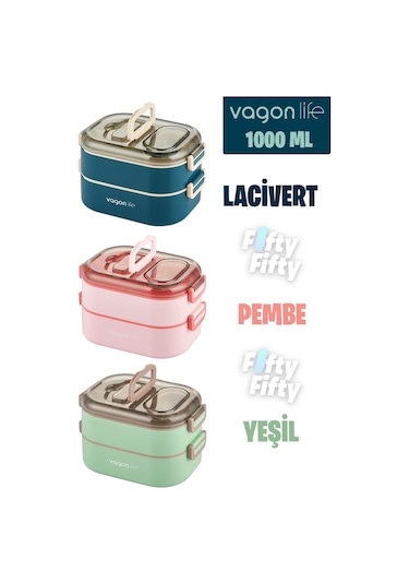 Vagonlife 1 L İki Kat Üç Bölme Paslanmaz Çelik Bento Lunch Box Sos Kaseli Mode