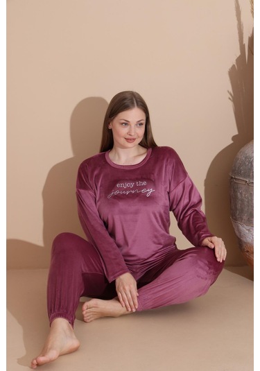 Boyraz Kadın Kışlık Fransız Kadife Büyük Beden Bisiklet Yaka Uzun Kol Pijama Takımı 03147 - 1 Adet Gülkurusu