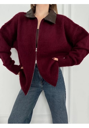 Deri Yakalı Pamuk Dokulu Çift Taraflı Çalışan Fermuar Ceket - Bordo Bordo