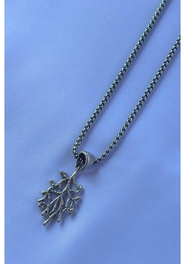 Ağaç Dalı El İşçiliği Paslanmaz Çelik Zincir Erkek Kolye Gümüş