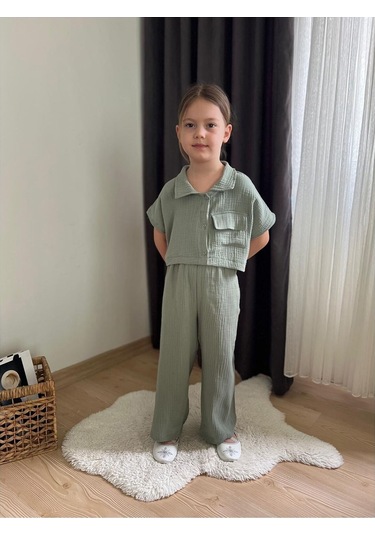 Müslin Kumaş Kız Çocuk Takım Haki
