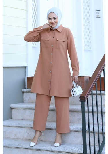 Cep Detaylı Tesettür Camel Takım Camel