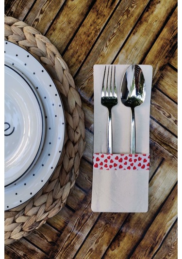 6 Adet Kalp Şeritli Keten Kaşıklık Servis Sunum Krem