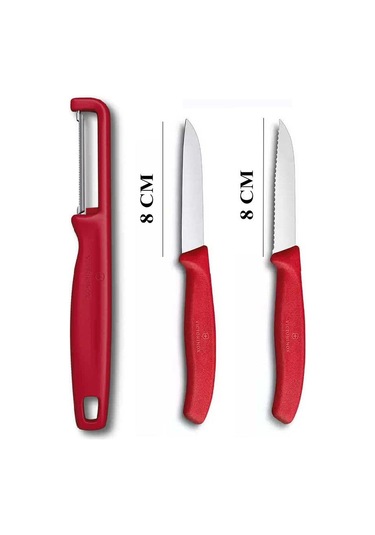 Victorinox 8 Cm Kırmızı Tırtıklı Ve Düz Bıçak Ve Domates Sebze Soyucu 3lü Set Kırmızı