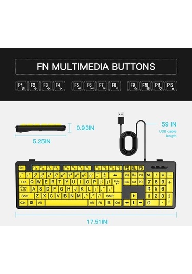 Carrier Kablolu Klavye - Yaşlılar İçin Sarı Büyük Karakterli