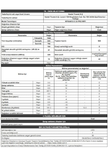 Vestel NFK64012 E GI PRO WIFI No-Frost Kombi Tipi Buzdolabı