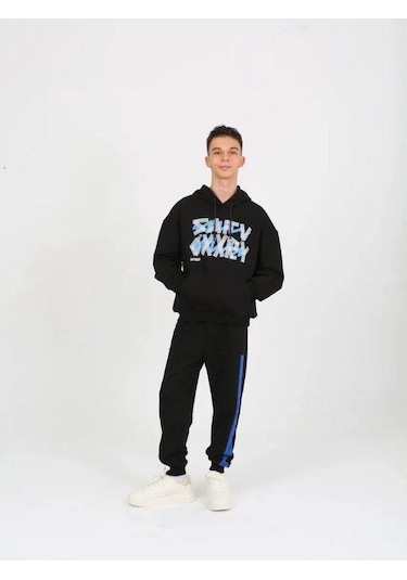 Erkek Çocuk Yazı Detaylı 2 İplik Kapüşonlu Sweatshirt-15229 Siyah