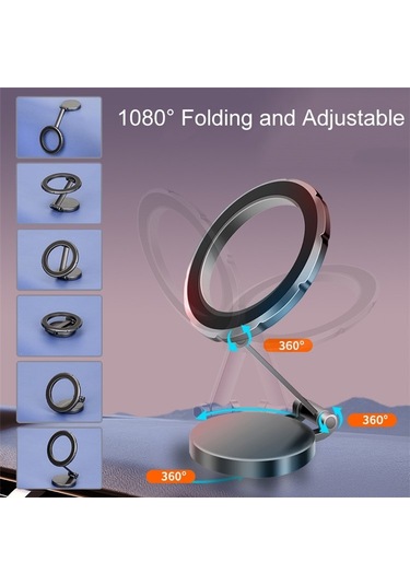 G118 1080 Derece Dönen Katlanır Manyetik Telefon Tutucu Pano Vantuz Araç Montajı Gri