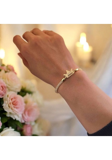 Archin Sonsuz Aşk Temalı Hasır Kordonlu Taç Figürlü 14 Ayar Altın Plakalı Hediye Bileklik-464sembol Sonsuz Aşk