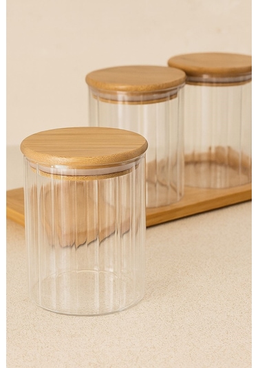 Qerhome Borosilikat Cam Bambu Stantlı Ve Bambu Kapaklı Optik Çizgili Baharatlık Seti 430 Ml Alg11520 Beyaz