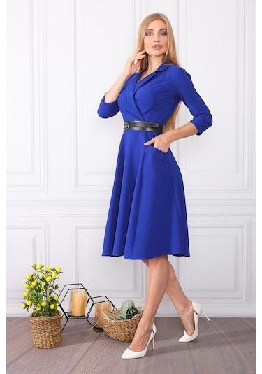 E.T.'S Element'S Kadın Kruvaze Yaka Elbise Saks Saks Mavisi