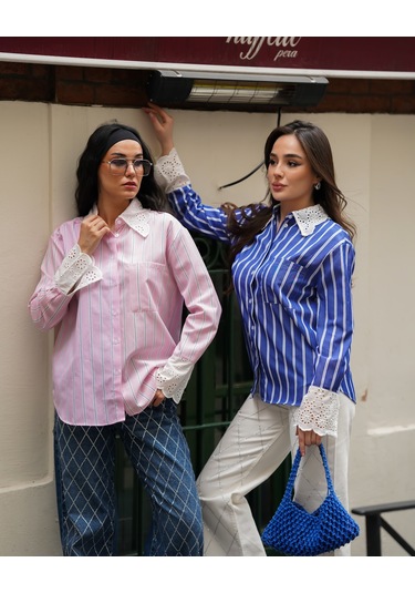 Kadın Kol Ve Yaka Vintage Detaylı Gömlek Pembe